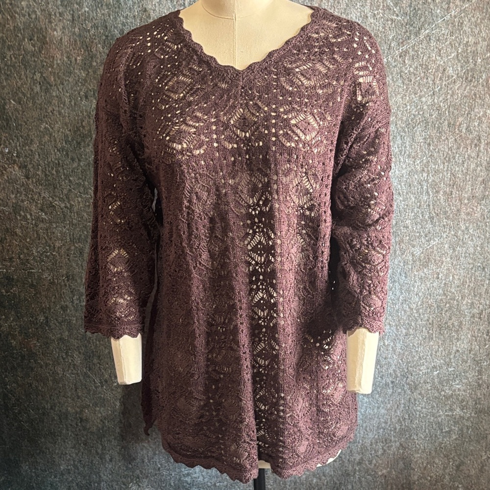 Brown Knit Cotton V-Neck Crocheted 3/4 Sleeve Sweater